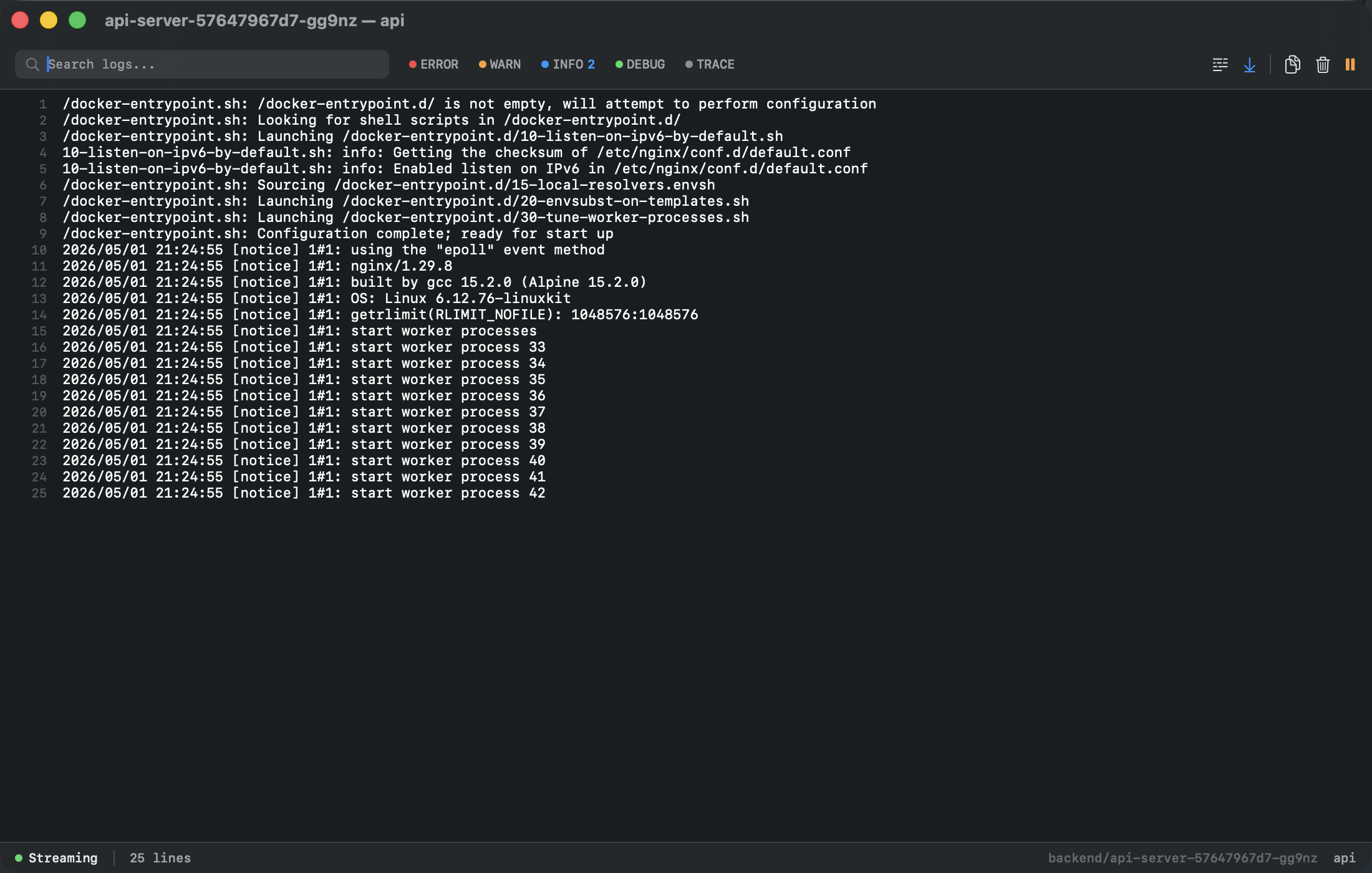 Live log streaming window with severity filters and search