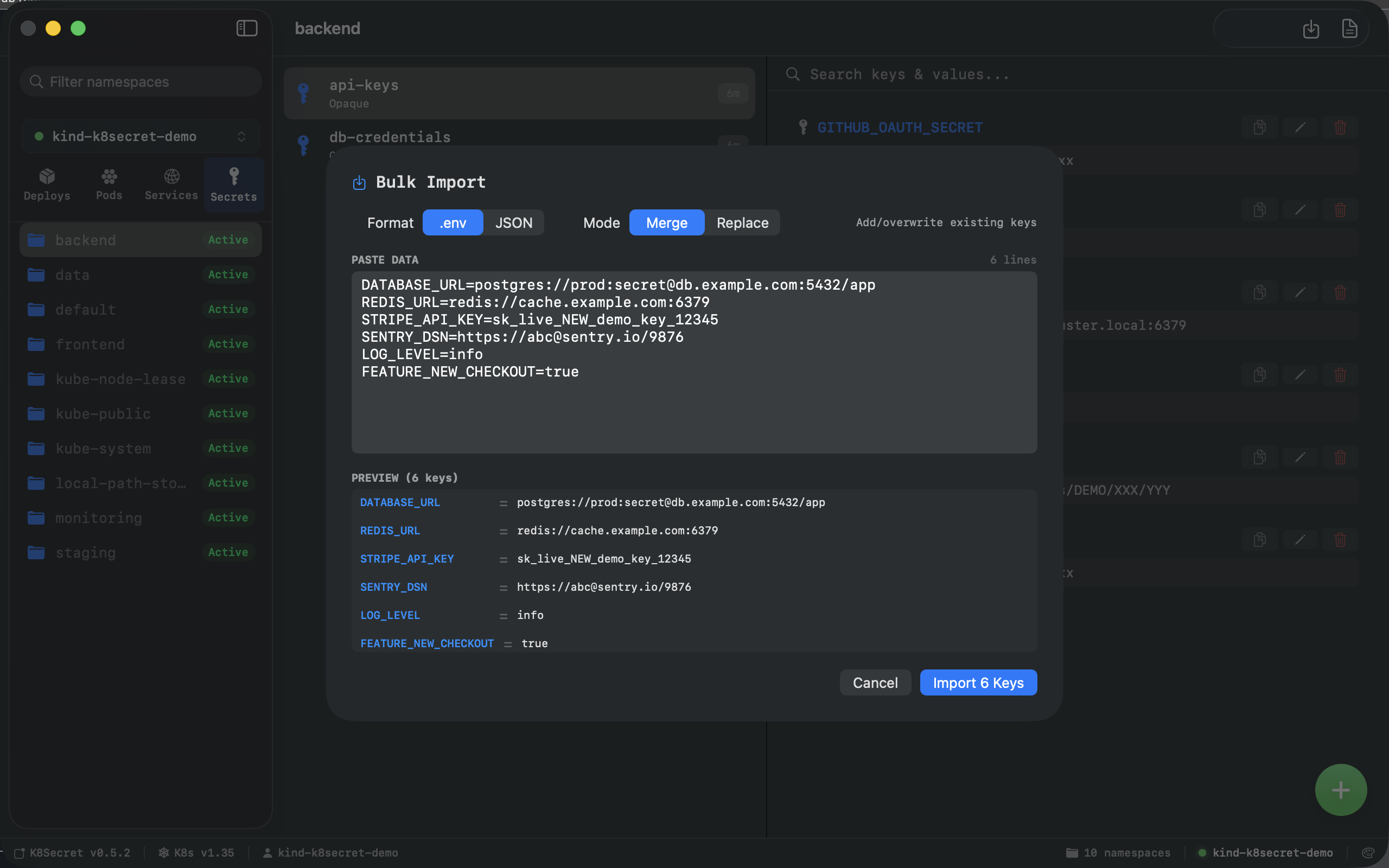 Bulk-import dialog showing a .env file being merged into a Kubernetes secret
